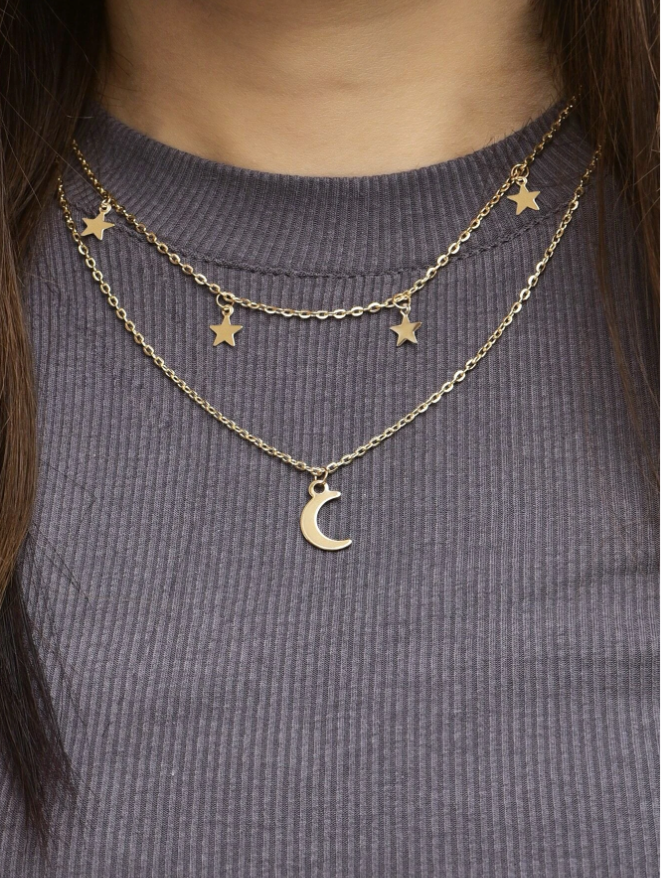 Élégant Collier Double Couche Étoile et Lune