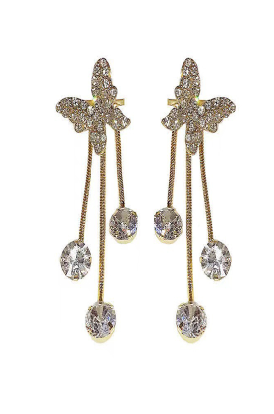 Boucles d'oreilles féminines avec papillon en strass, franges et perles simulées